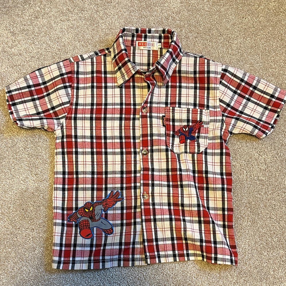Kids Sz 5 Plaid Button-Up Shirt with Spider Patch